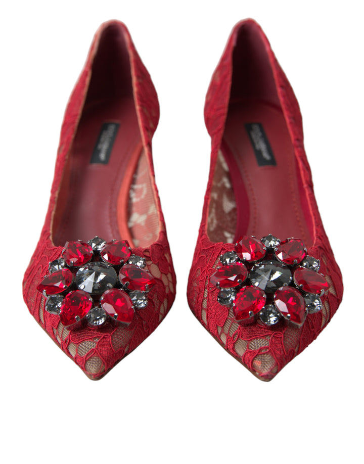 Bright red lace heels with crystals