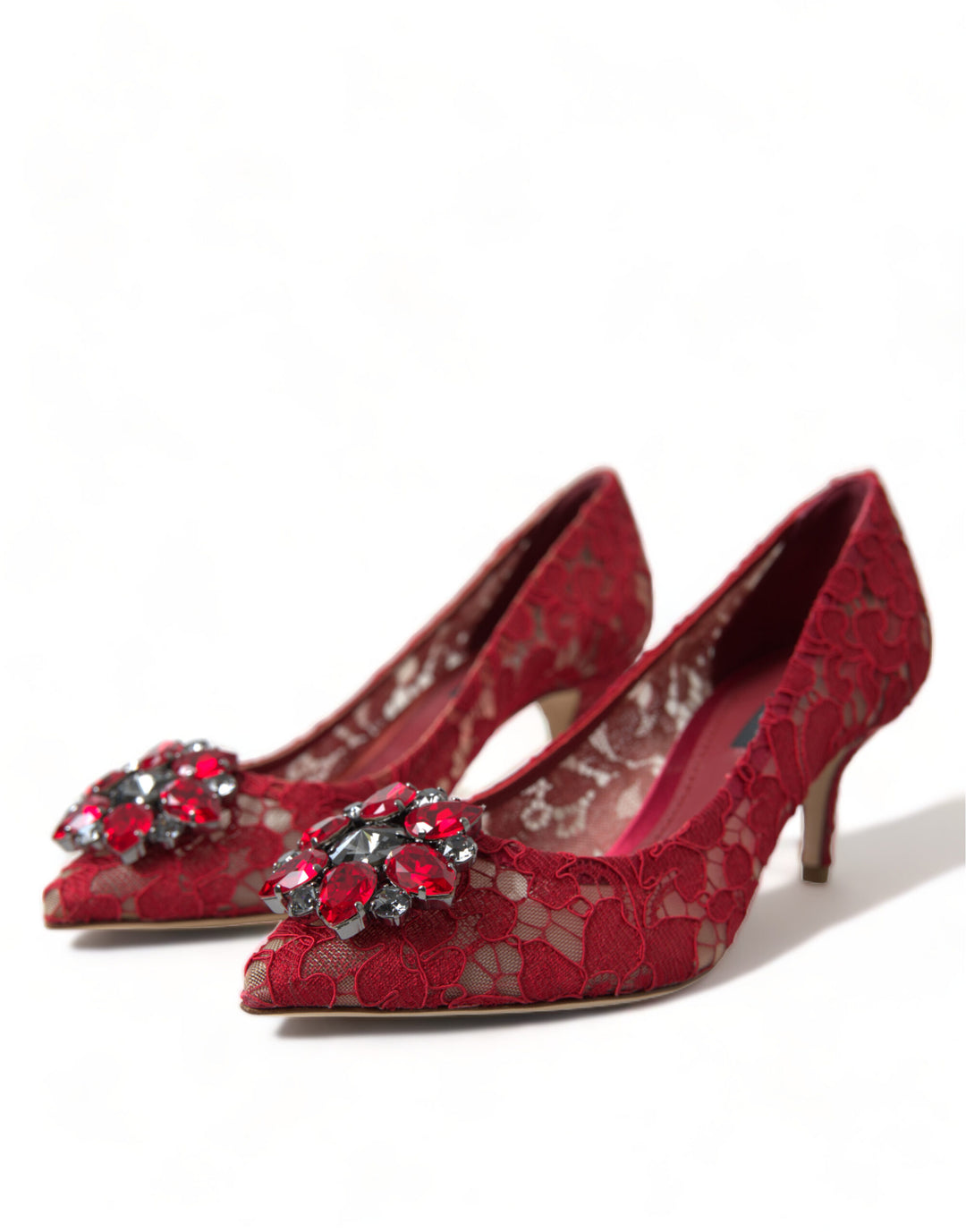 Bright red lace heels with crystals