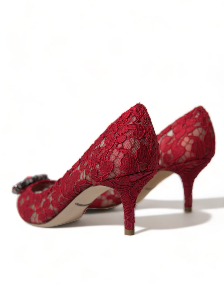 Bright red lace heels with crystals