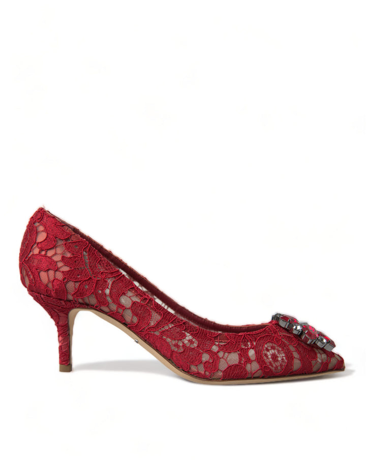 Bright red lace heels with crystals