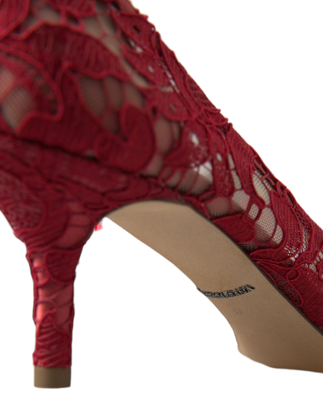 Bright red lace heels with crystals