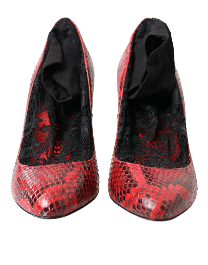 Red snakeskin almond-toe pumps with lace stockings