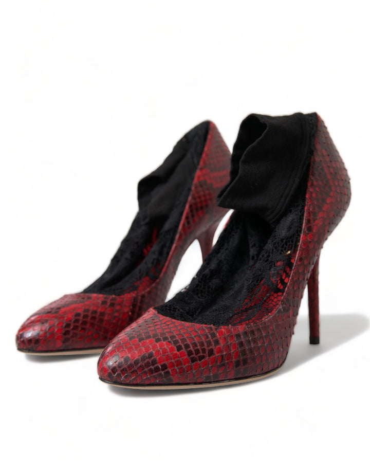 Red snakeskin almond-toe pumps with lace stockings