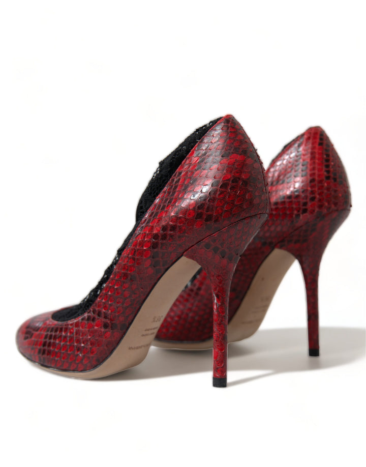 Red snakeskin almond-toe pumps with lace stockings