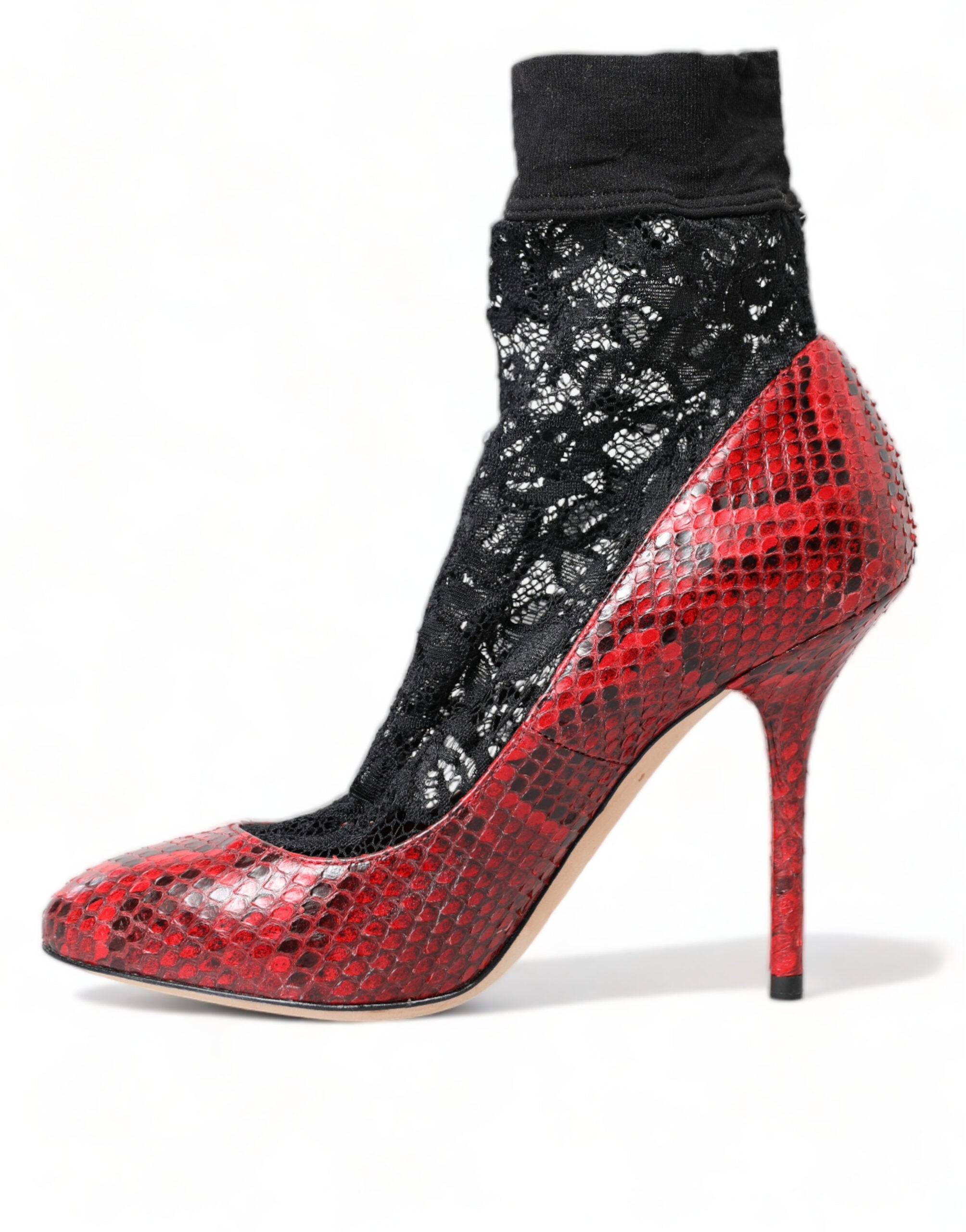 Red snakeskin almond-toe pumps with lace stockings