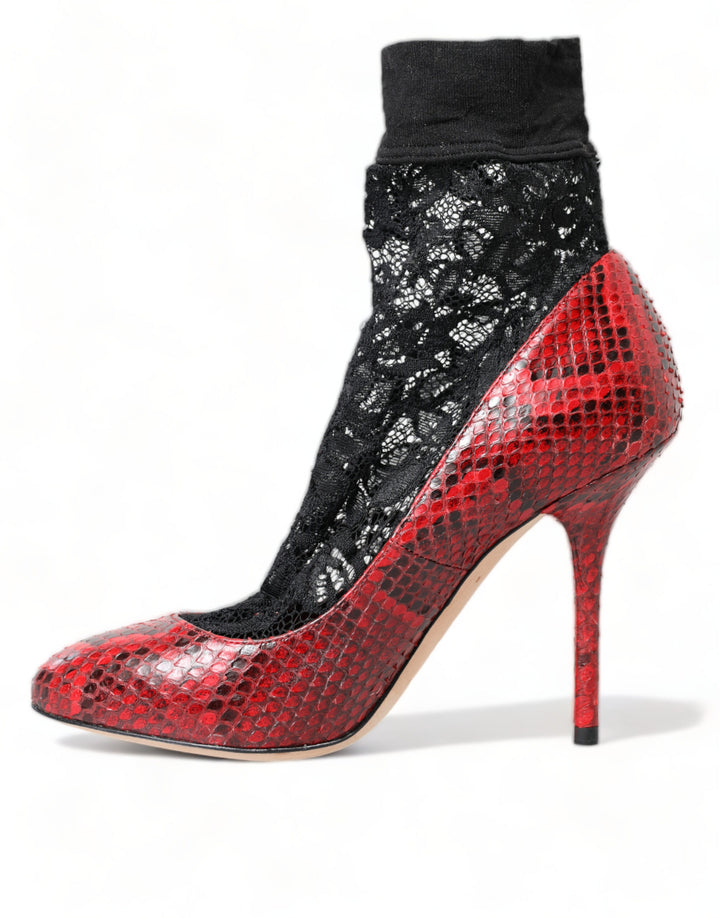Red snakeskin almond-toe pumps with lace stockings