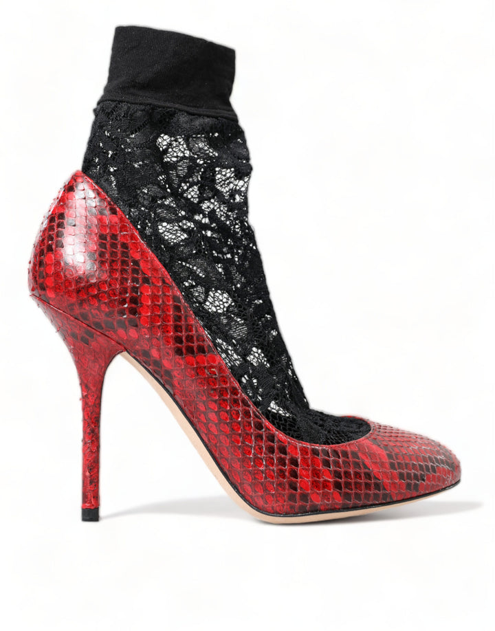 Red snakeskin almond-toe pumps with lace stockings