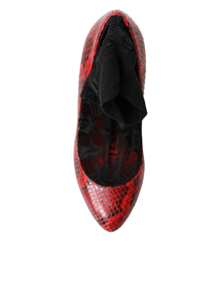Red snakeskin almond-toe pumps with lace stockings