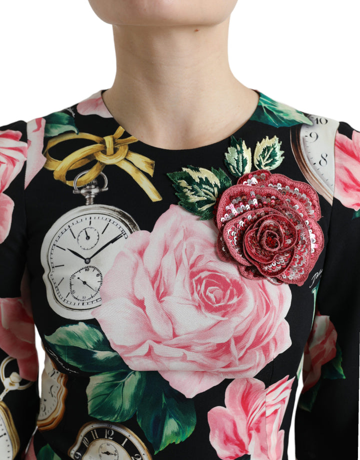 Schwarzes Kleid mit floraler Verzierung aus Spitze in A-Linie