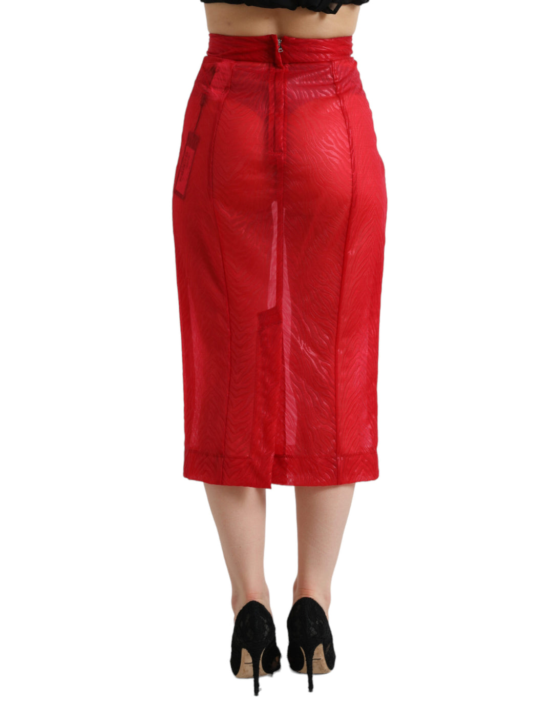 Chic red midi skirt with high waist and sheer fabric