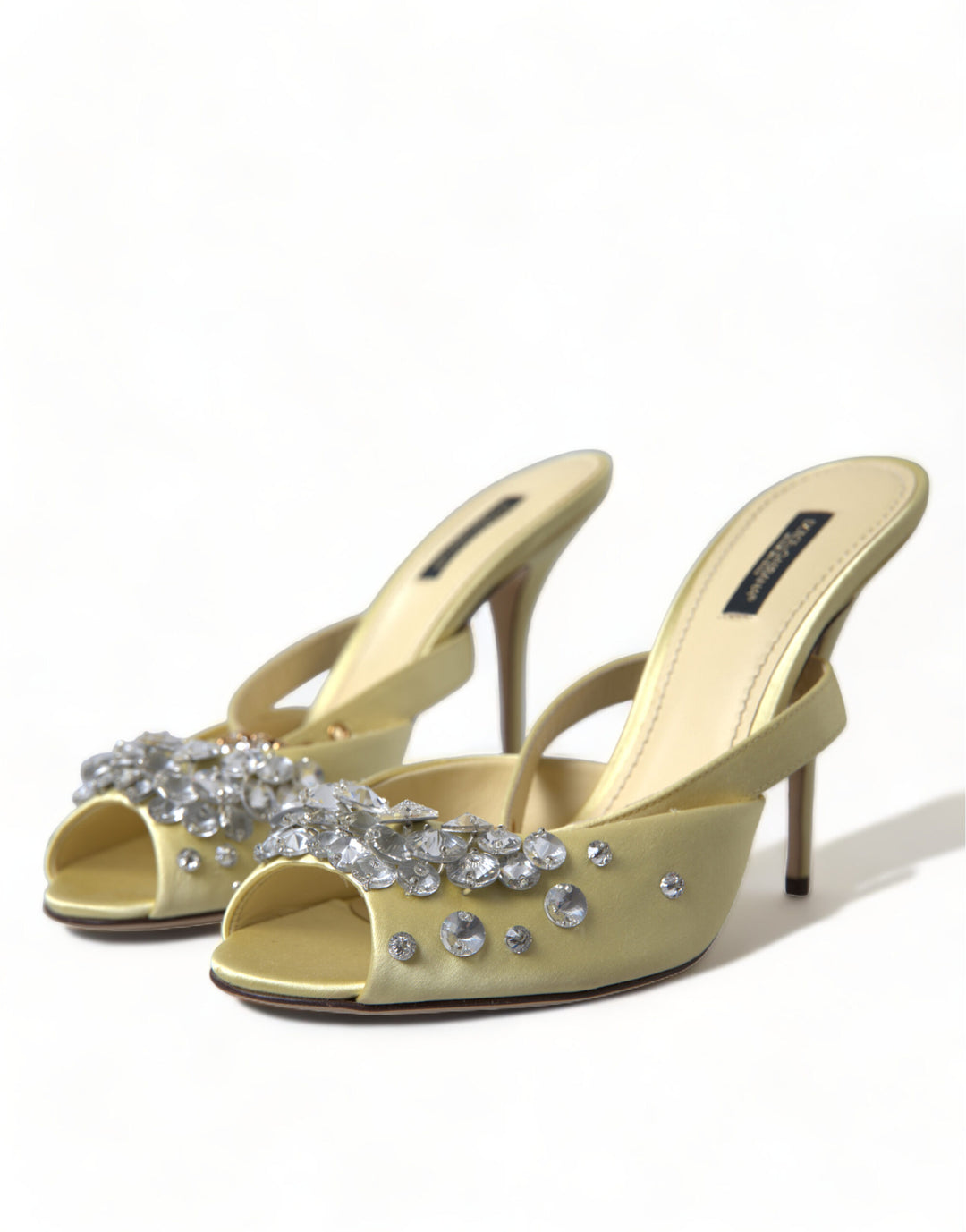 Gelbe Satin-Kristall Mary Janes Sandalen