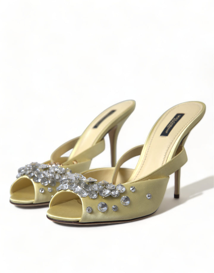 Gelbe Satin-Kristall Mary Janes Sandalen