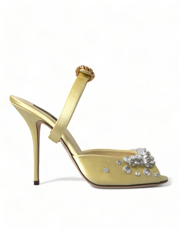 Gelbe Satin-Kristall Mary Janes Sandalen