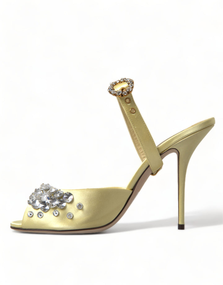 Gelbe Satin-Kristall Mary Janes Sandalen