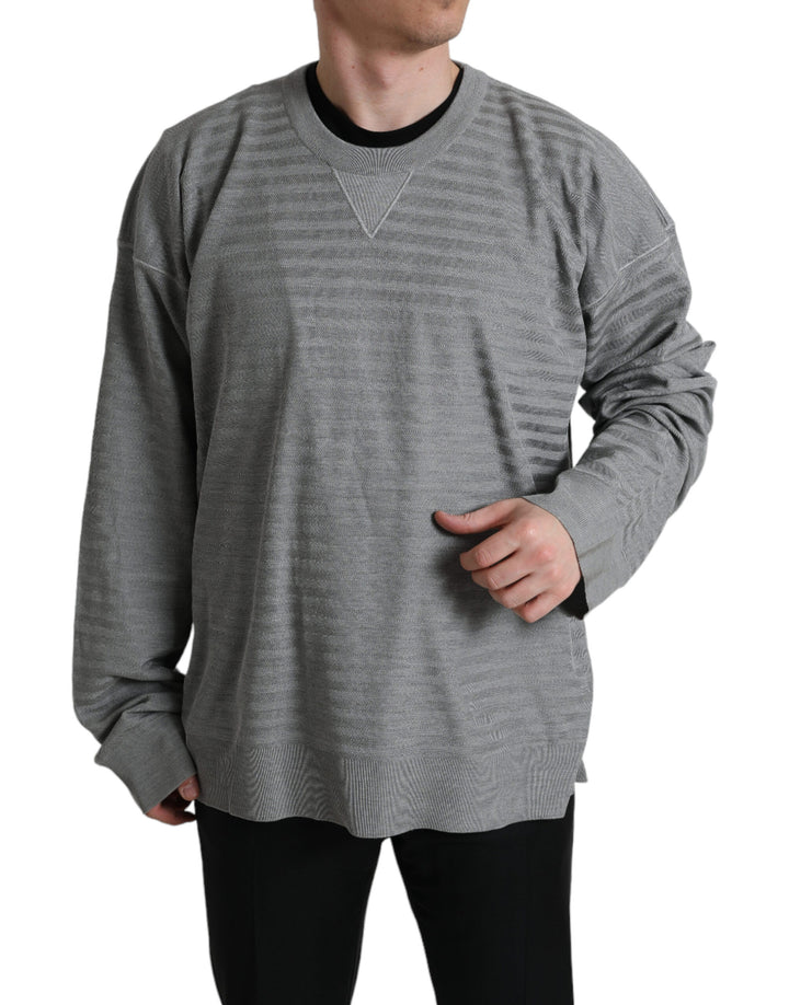 Elegant grey striped silk sweater with round neck