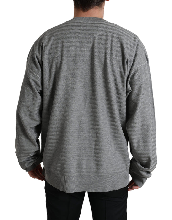 Elegant grey striped silk sweater with round neck