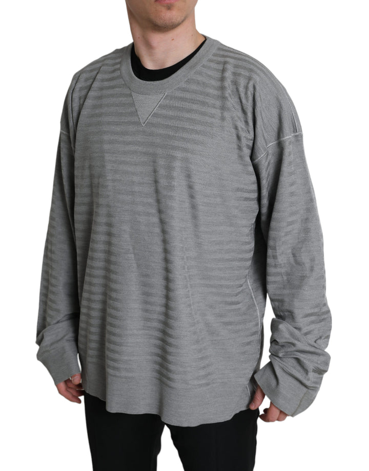 Elegant grey striped silk sweater with round neck