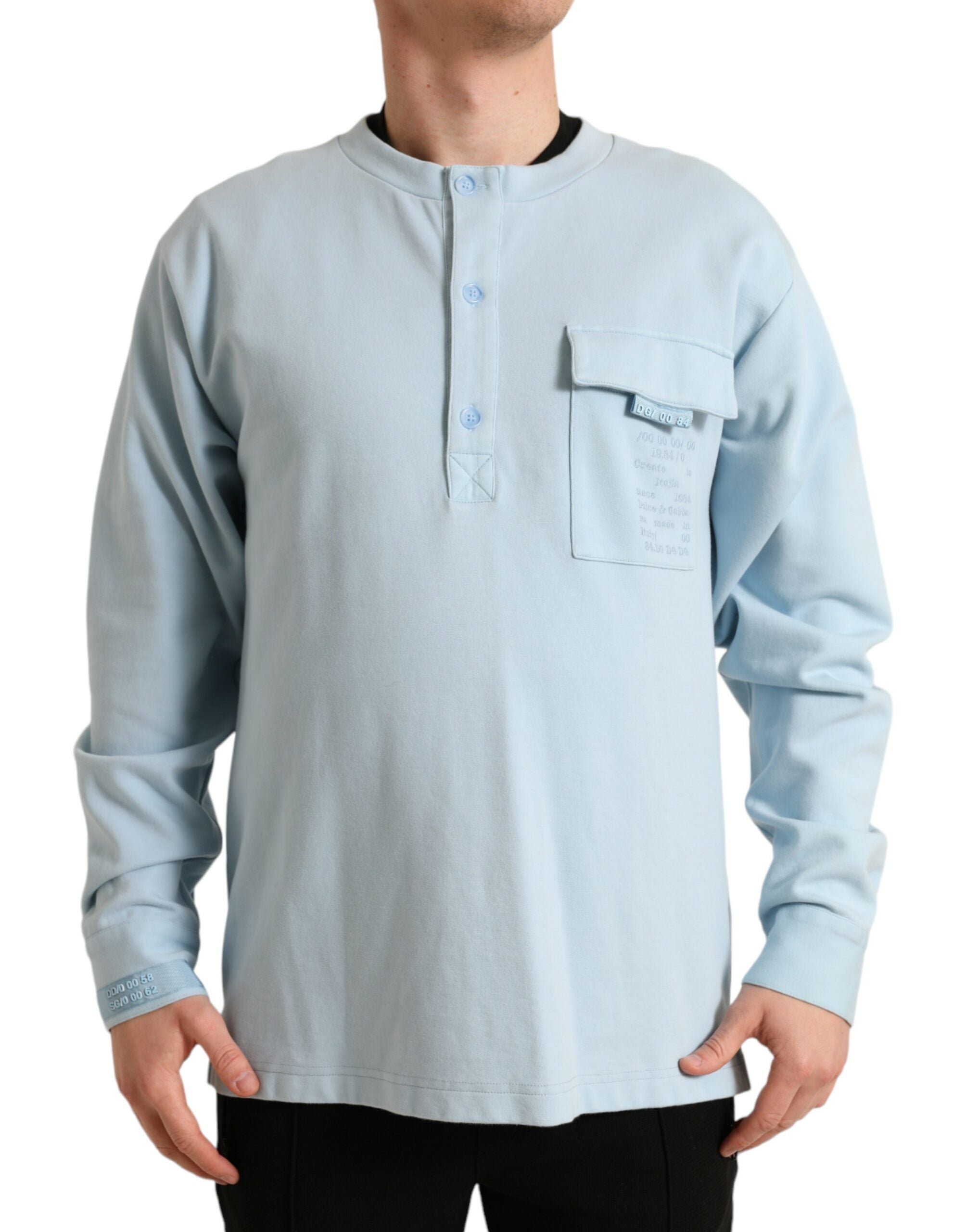 Elegant light blue round neck sweater made from a cotton blend