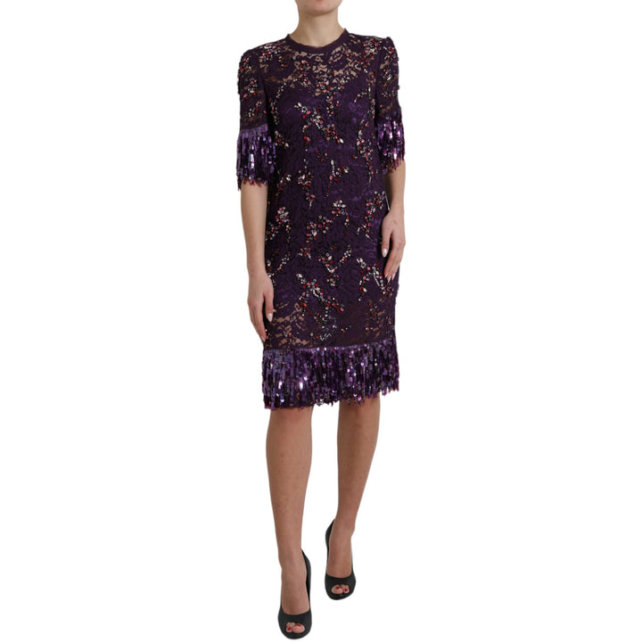 Elegantes Lila Florales Spitzen-Kristallkleid