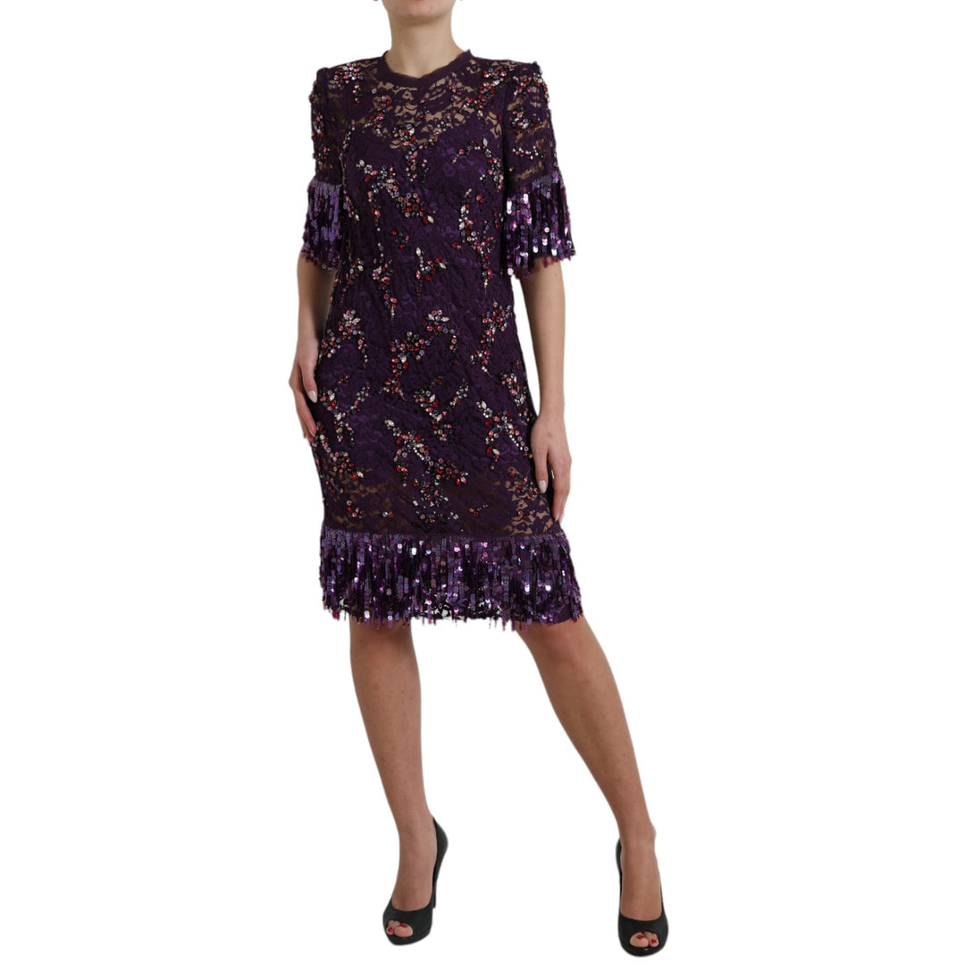 Elegantes Lila Florales Spitzen-Kristallkleid