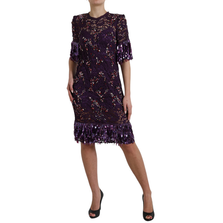 Elegantes Lila Florales Spitzen-Kristallkleid