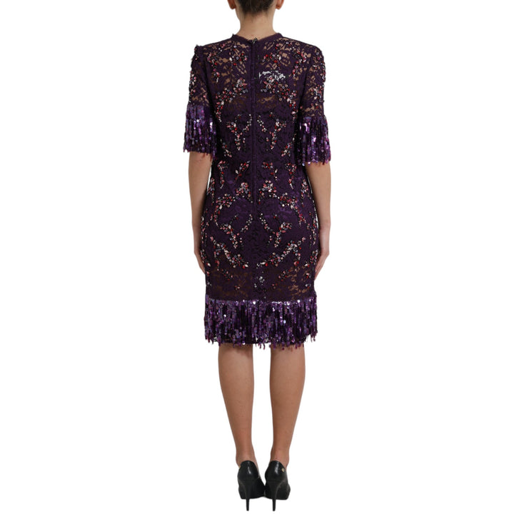 Elegantes Lila Florales Spitzen-Kristallkleid