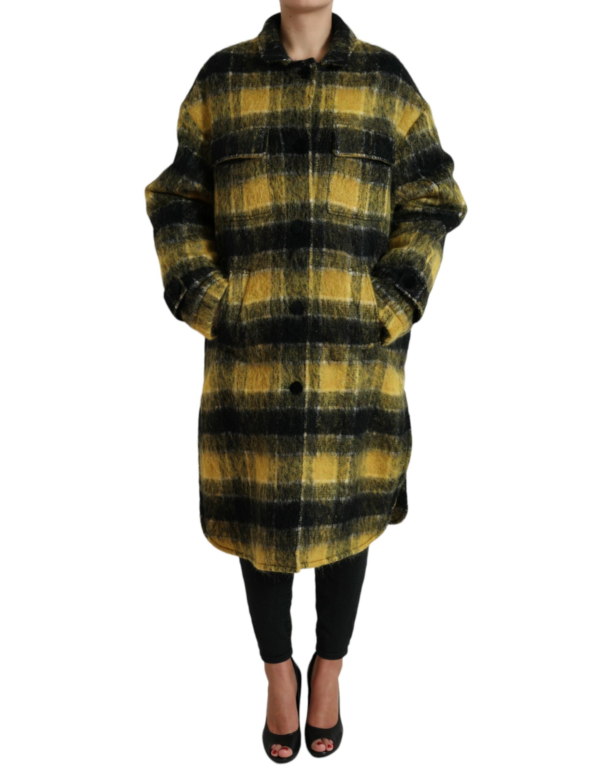 Chic checked long coat in sunshine yellow