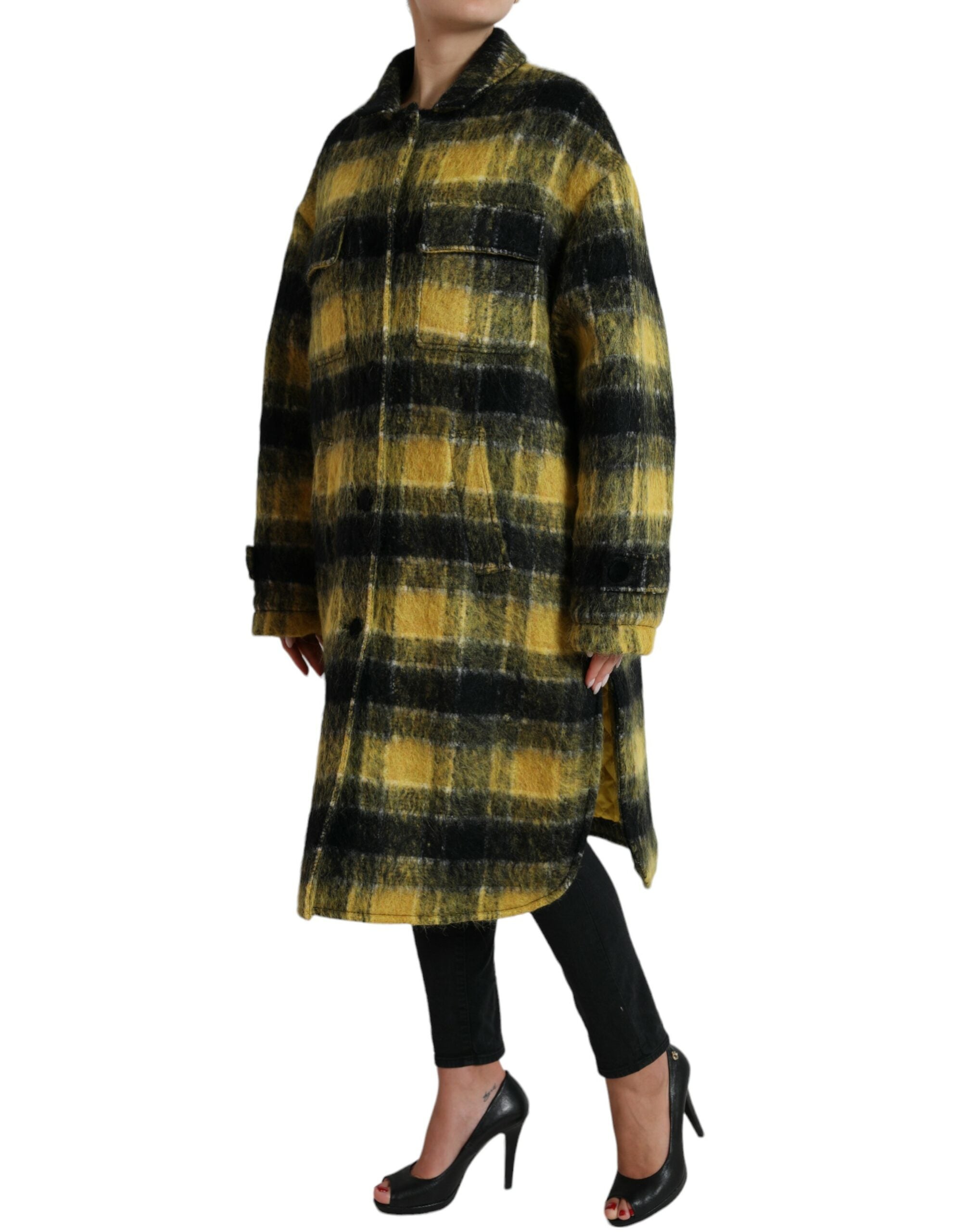 Chic checked long coat in sunshine yellow
