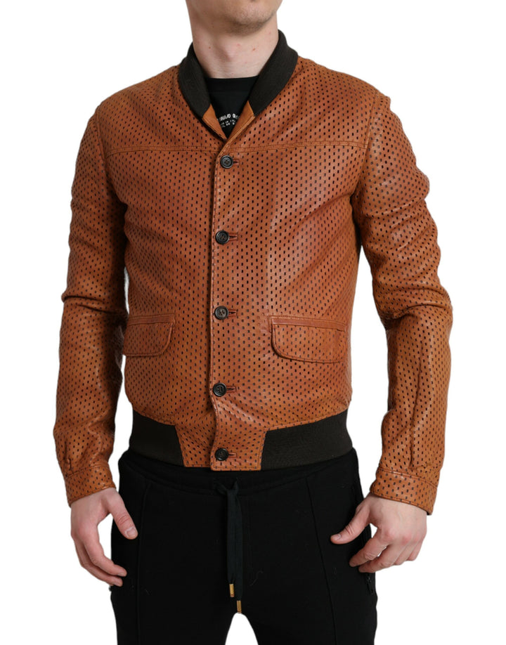 Elegant leather bomber jacket with perforation