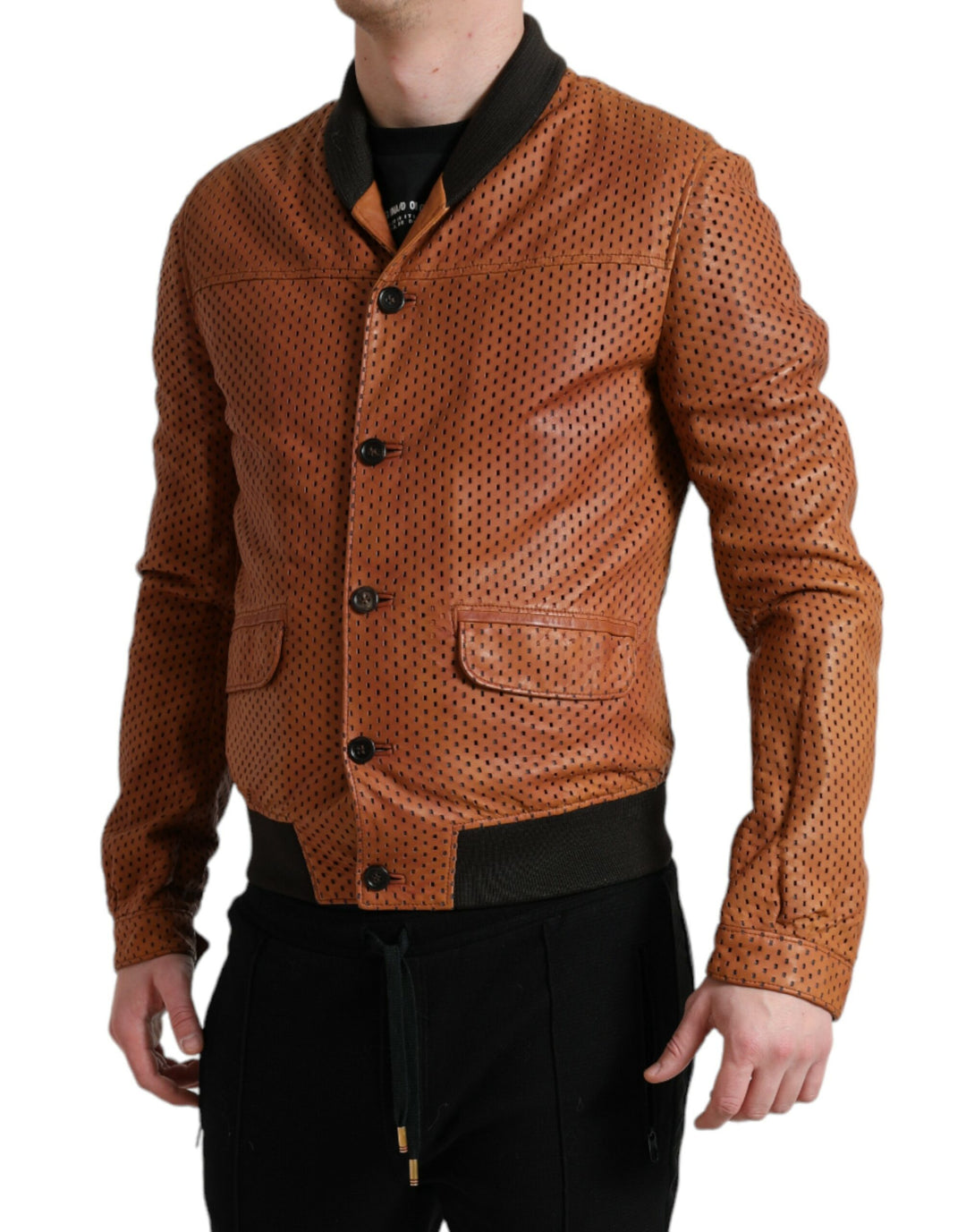 Elegant leather bomber jacket with perforation