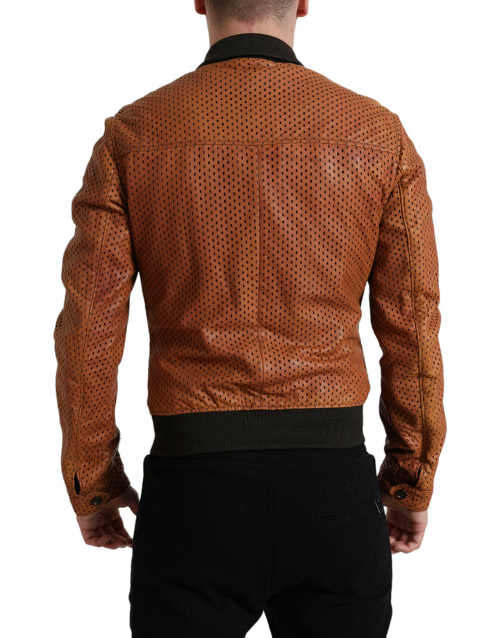 Elegant leather bomber jacket with perforation