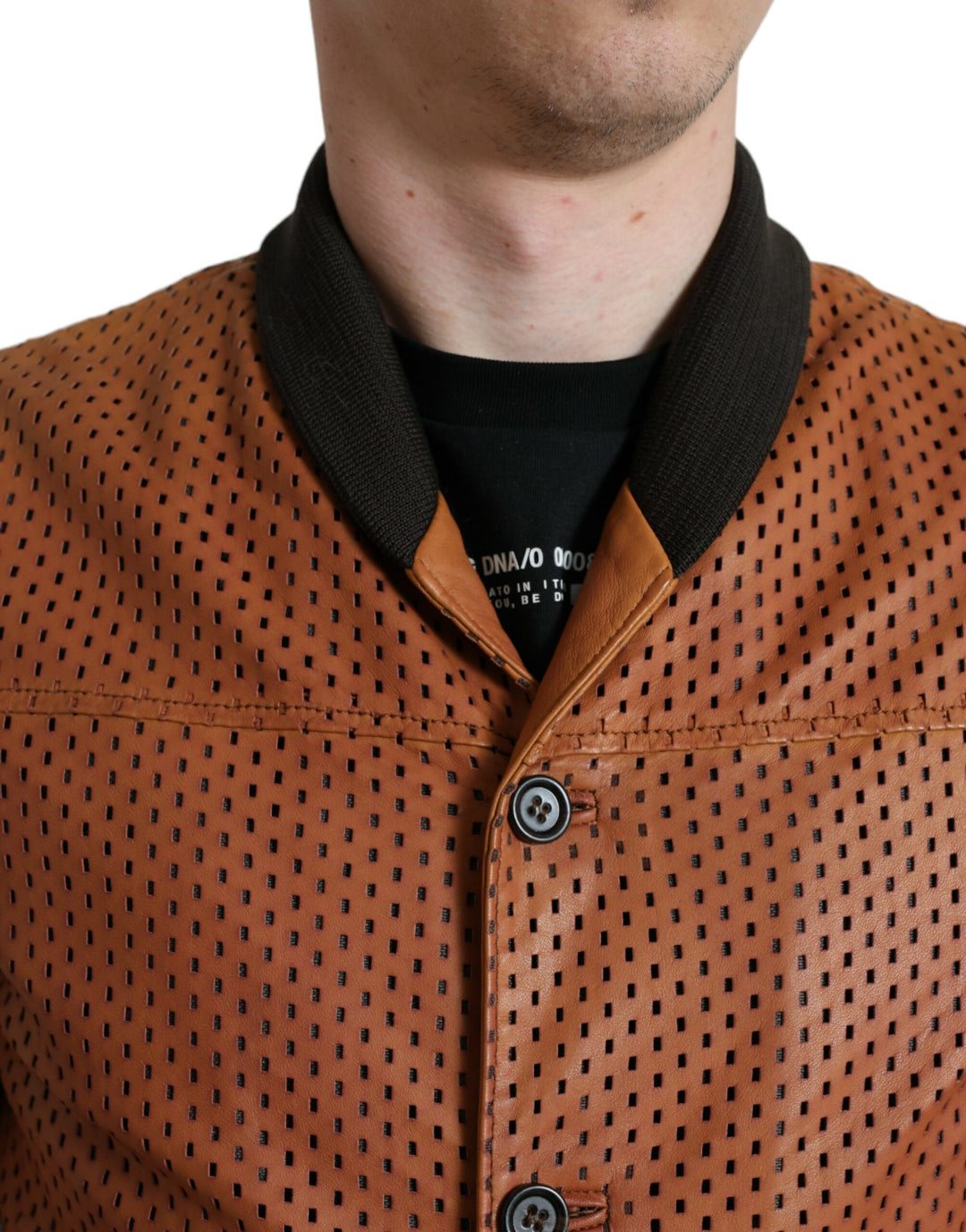 Elegant leather bomber jacket with perforation