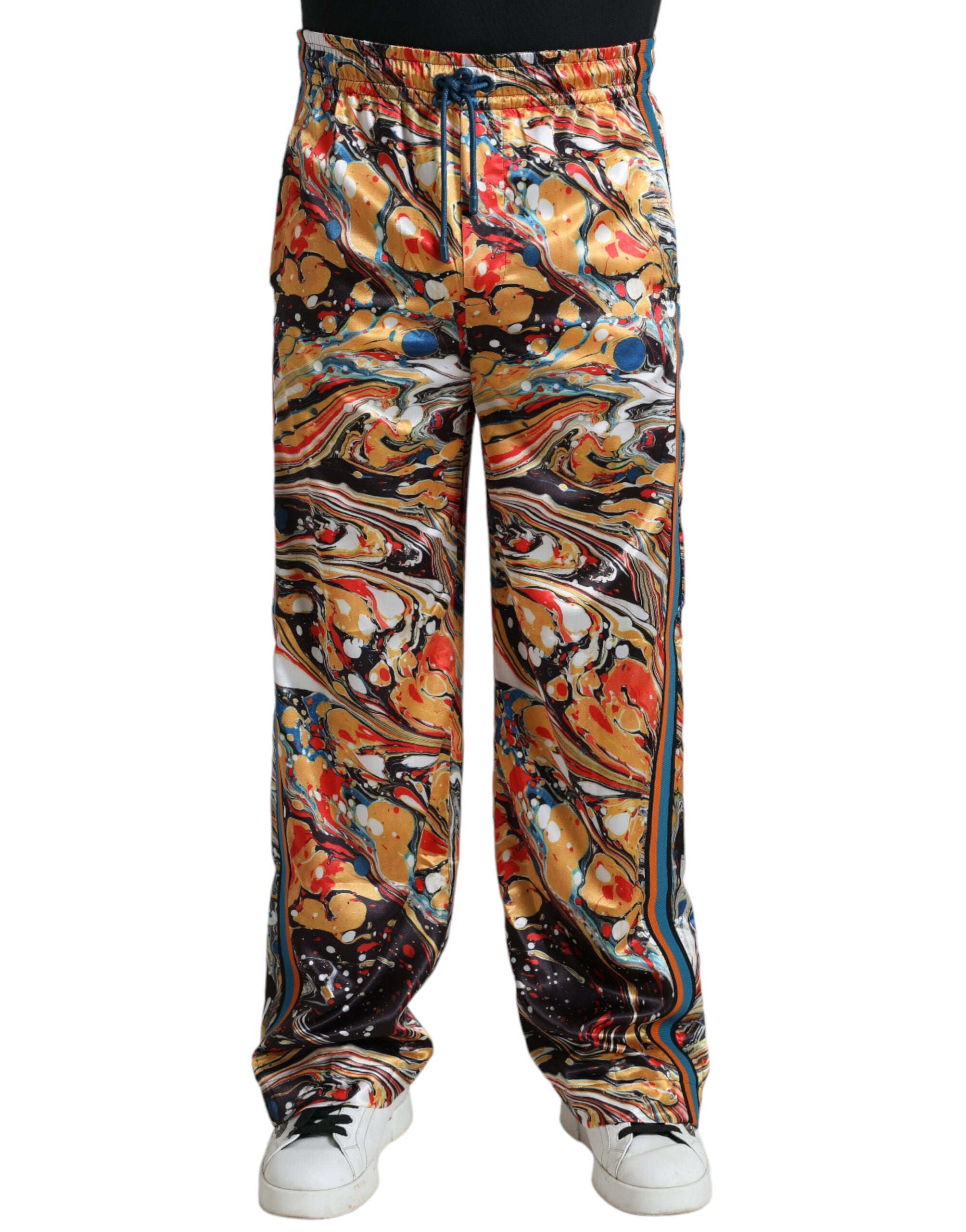 Elegant satin track pants in multicolor marble