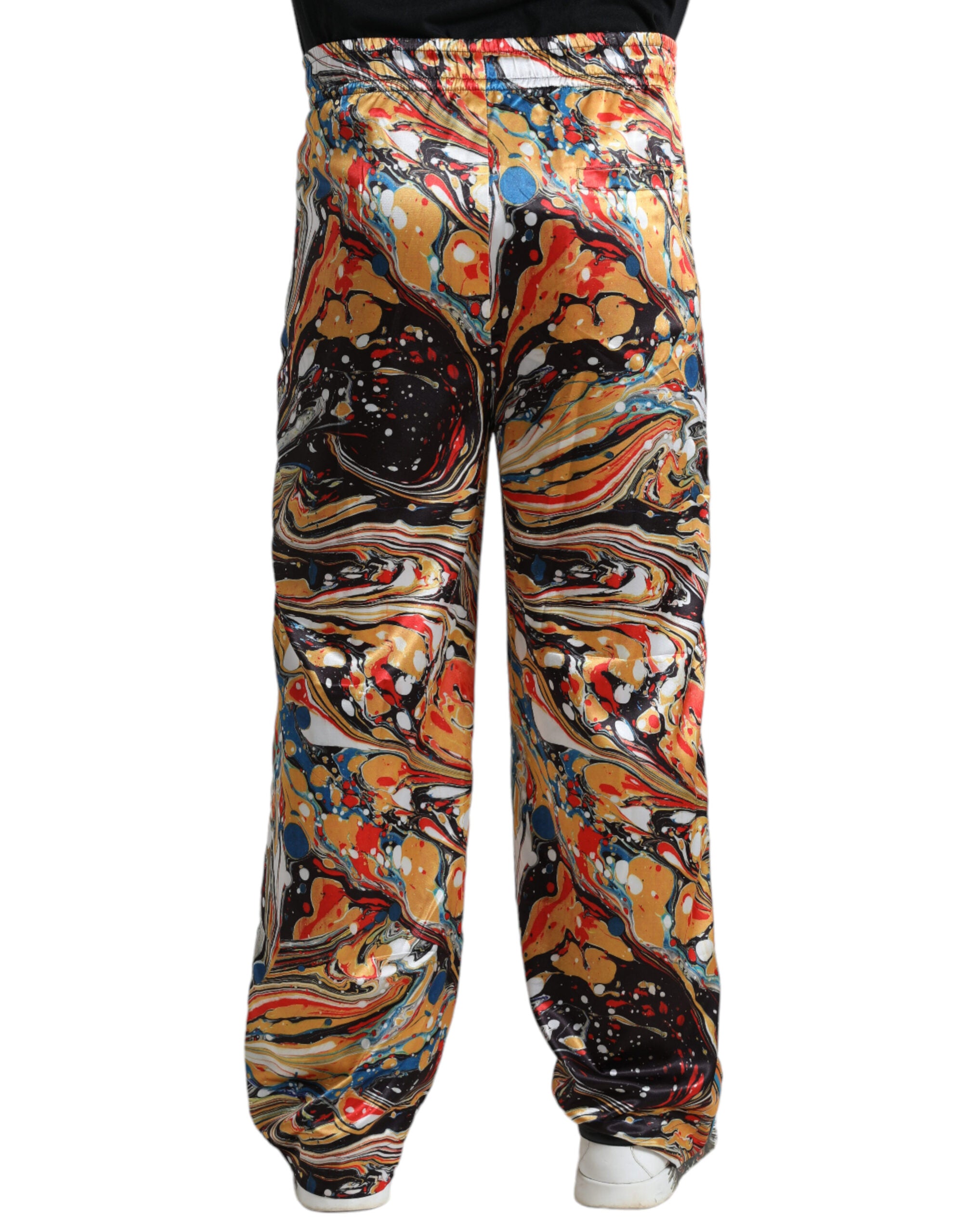 Elegant satin track pants in multicolor marble