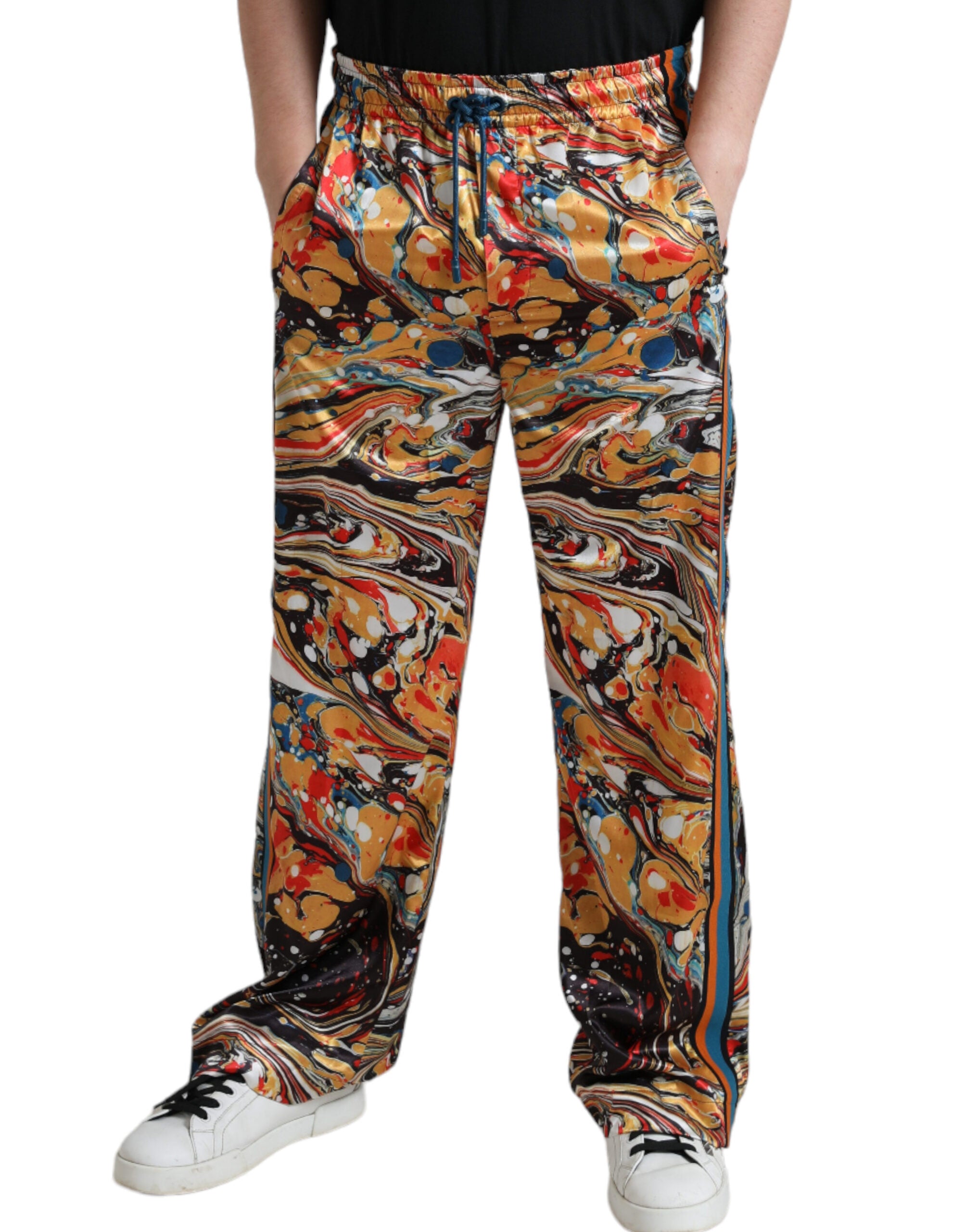 Elegant satin track pants in multicolor marble