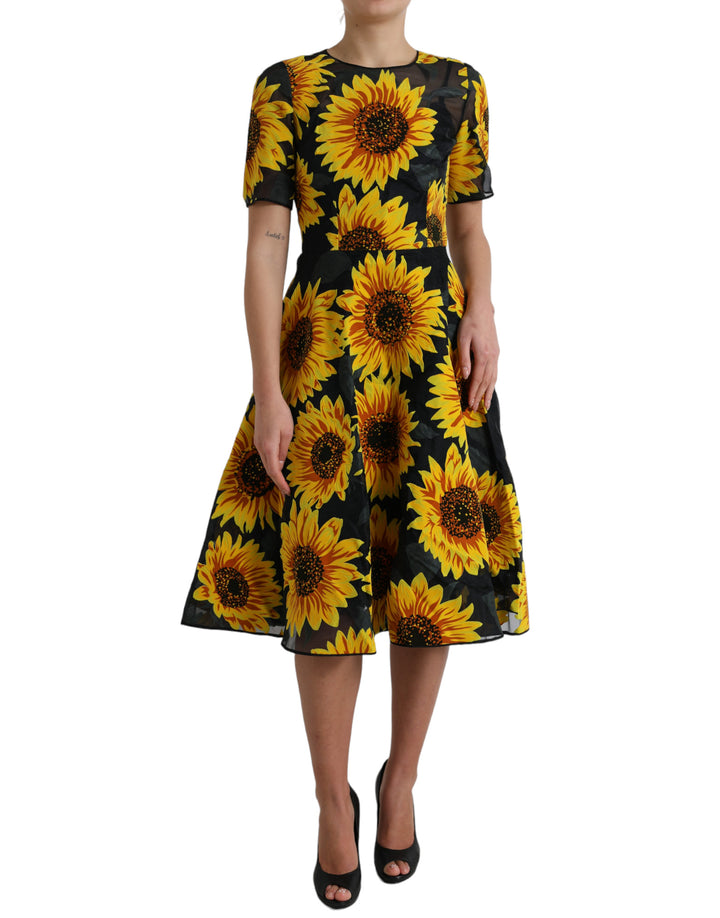 Schwarzes Midikleid mit Sonnenblumendruck aus Nylon in A-Linie