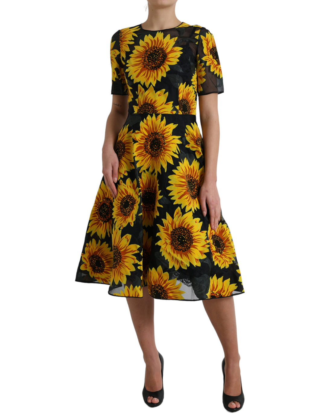 Schwarzes Midikleid mit Sonnenblumendruck aus Nylon in A-Linie