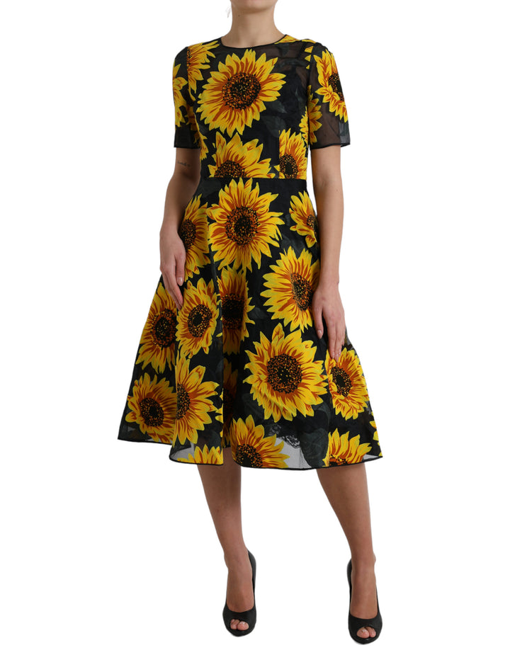 Schwarzes Midikleid mit Sonnenblumendruck aus Nylon in A-Linie