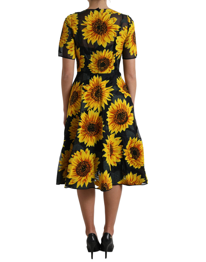Schwarzes Midikleid mit Sonnenblumendruck aus Nylon in A-Linie