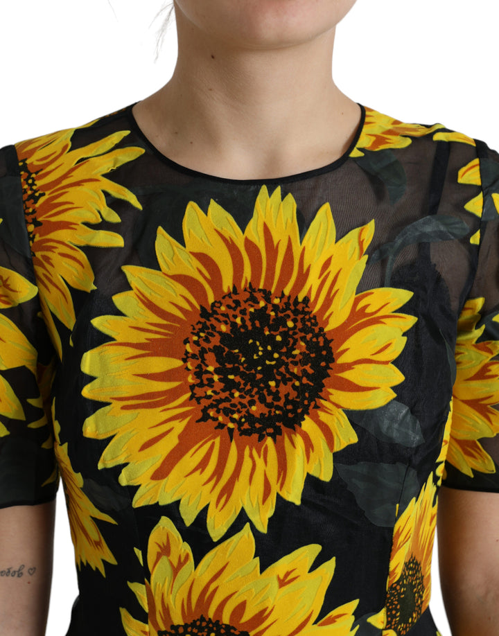 Schwarzes Midikleid mit Sonnenblumendruck aus Nylon in A-Linie