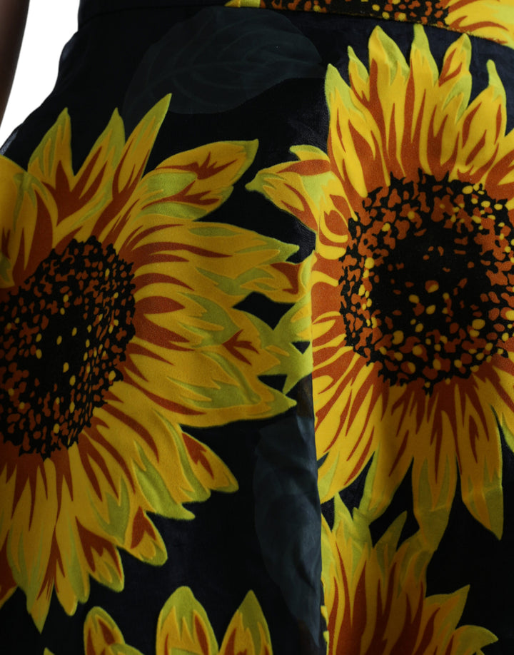 Schwarzes Midikleid mit Sonnenblumendruck aus Nylon in A-Linie