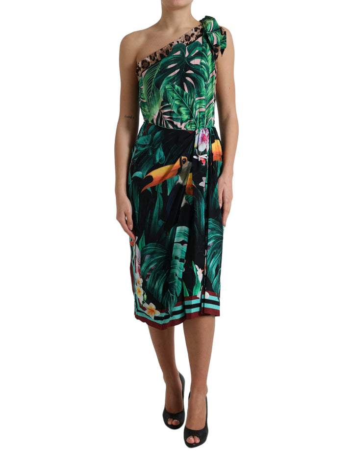 One-shoulder dress with tropical jungle print