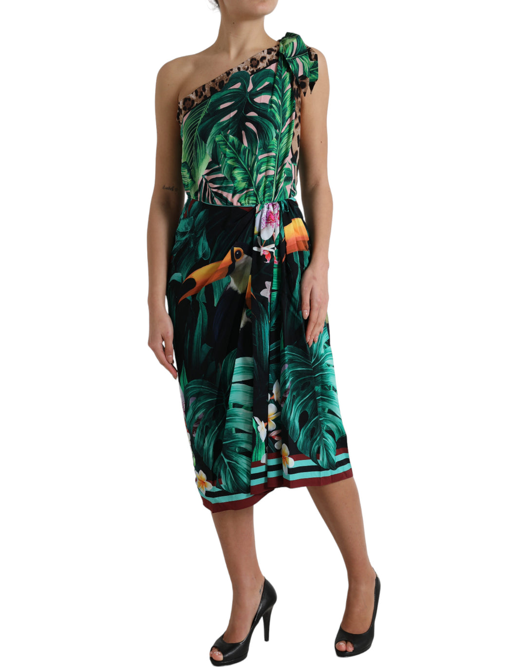 One-shoulder dress with tropical jungle print