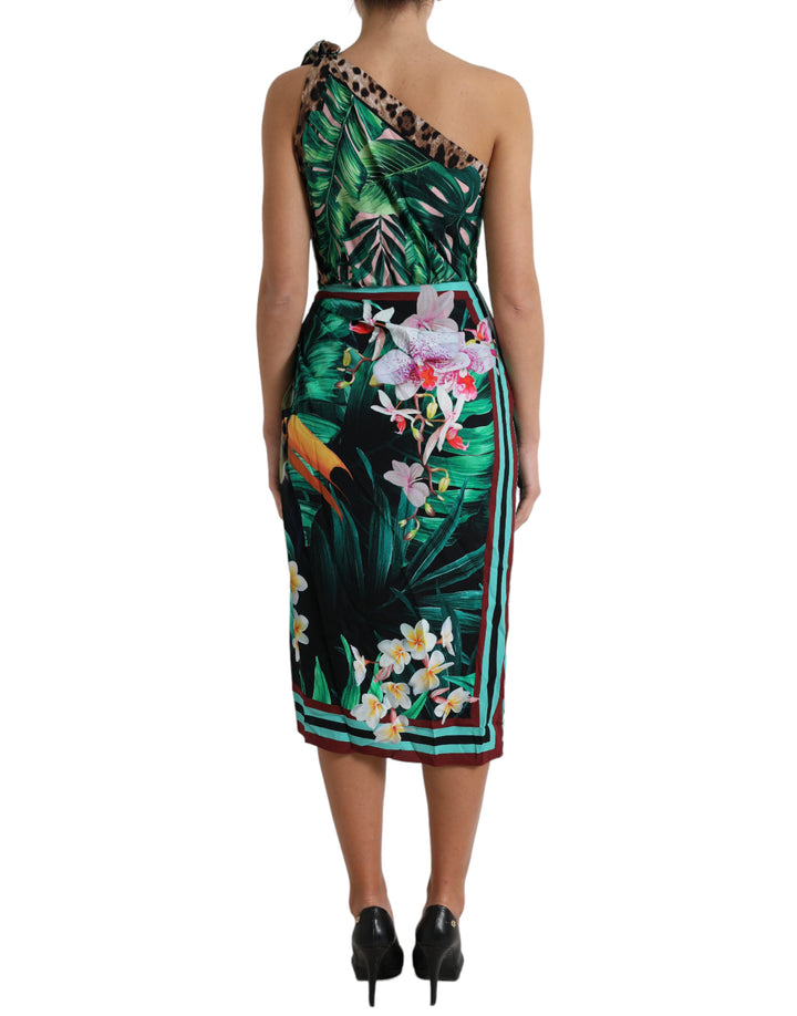 One-shoulder dress with tropical jungle print