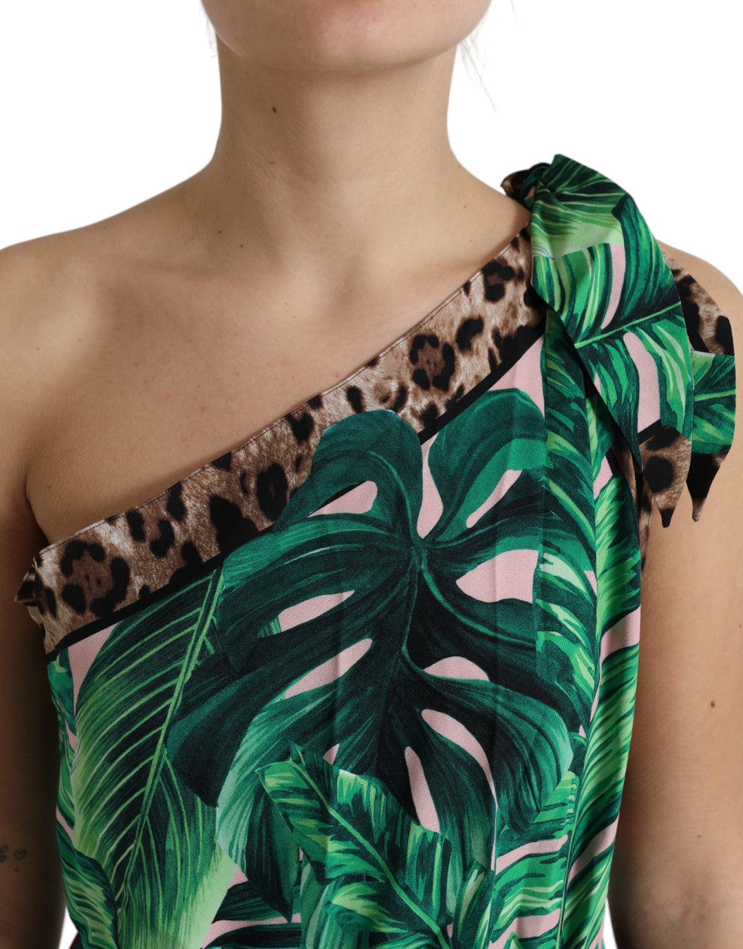 One-shoulder dress with tropical jungle print