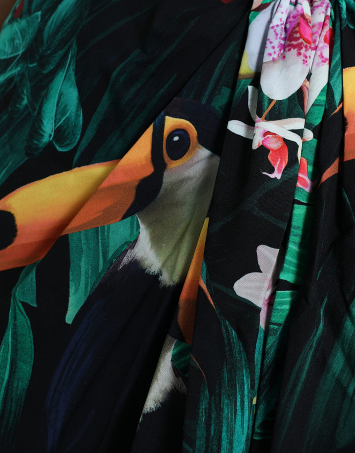 One-shoulder dress with tropical jungle print