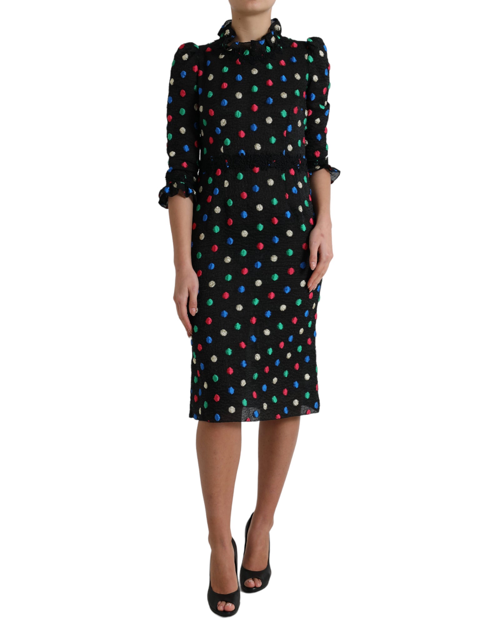 Elegant polka dot midi dress with high neckline