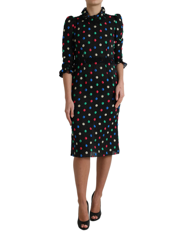 Elegant polka dot midi dress with high neckline