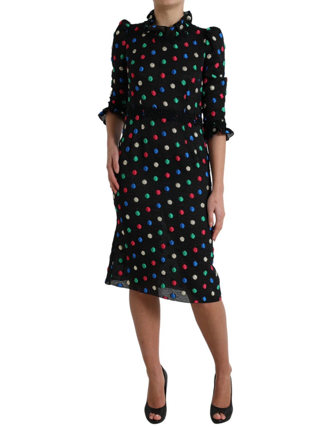 Elegant polka dot midi dress with high neckline