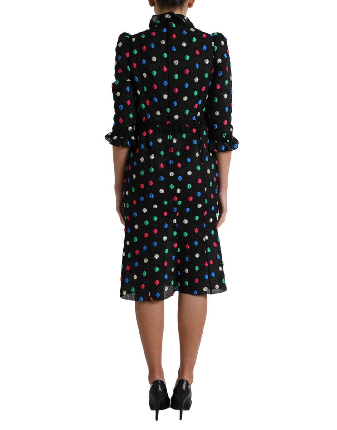 Elegant polka dot midi dress with high neckline